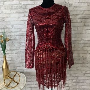 Burgundy sequin fringe long sleeve dress